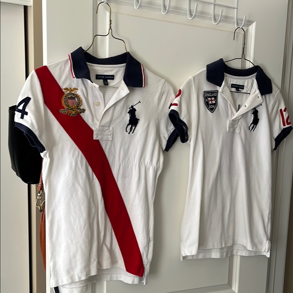 Ralph Lauren White Polos with Big Pony logo, Bold Red Sash, Patches, embrodiery